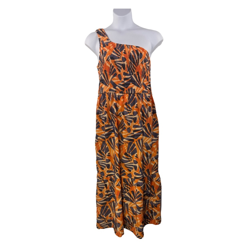 Nine West Women’s 1 Shoulder Maxi Dress Orange & Blue Smocked Top Sz XL Tropical